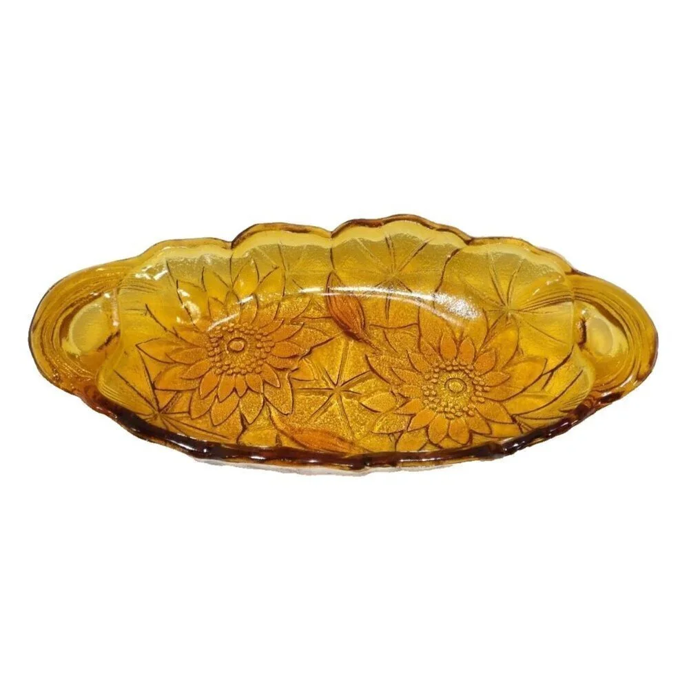 INDIANA GLASS CO Tiara vintage amber oval candy, nut dish 4.5 x 9.5 x 1.75